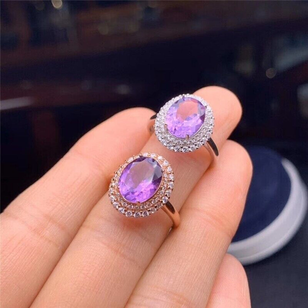 8x10mm Oval Cut Natural Amethyst Ring, Platinum Plated Sterling Silver Amethyst