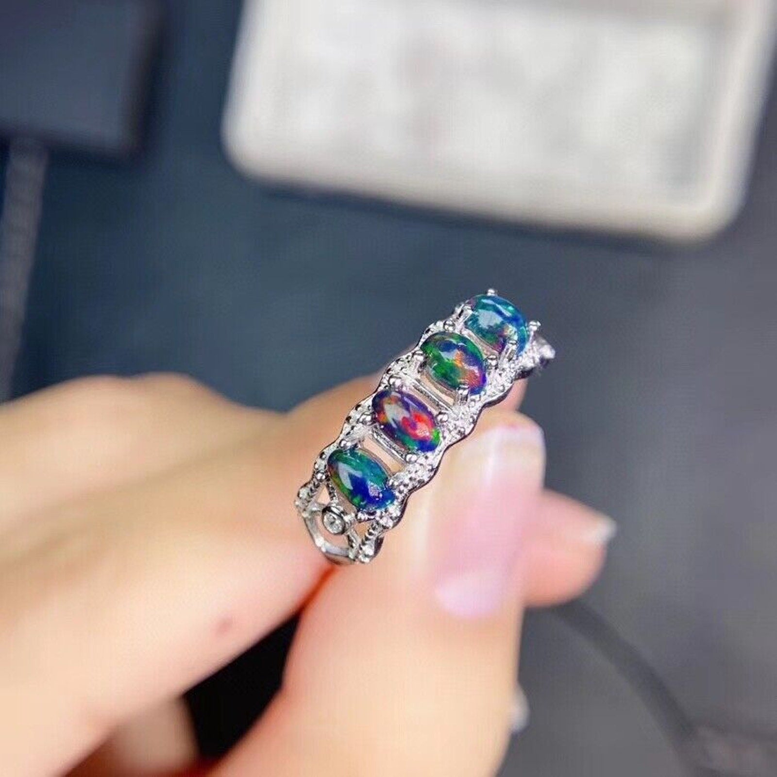 Natural Black Opal Band Ring, Black Opal Half Eternity Ring Platinum Plated