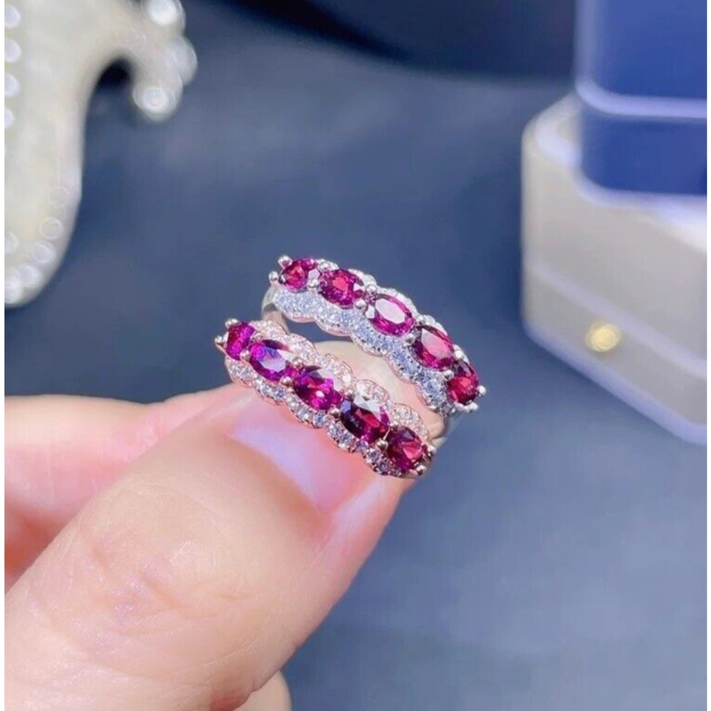 Pink Garnet Band Ring, Pinkish Purple Natural Garnet Ring Platinum Plated Silver