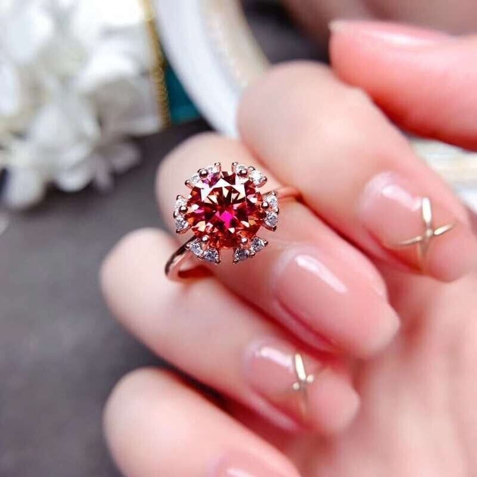 VVS1 2 Carat Red Moissanite Flower Ring Round Brilliant Cut