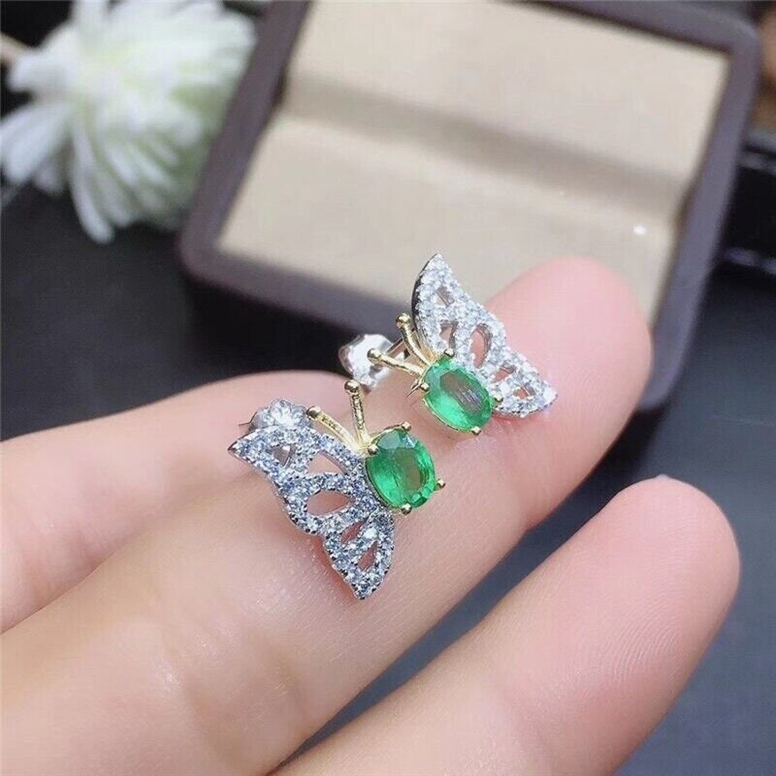 Colombian Emerald Butterfly Stud Earrings 4x5mm Natural Oval Cut Emerald with CZ