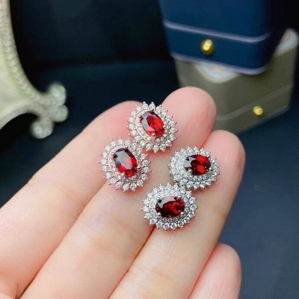 Women's Garnet Stud Earrings 5x7mm Platinum Plated, Garnet Earrings Platinum