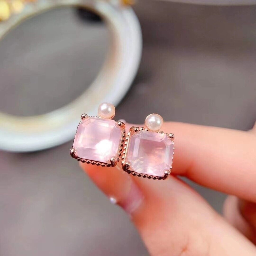 8x8mm Natural Rose Quartz Stud Earrings, Natural Rose Quartz Stud Earrings