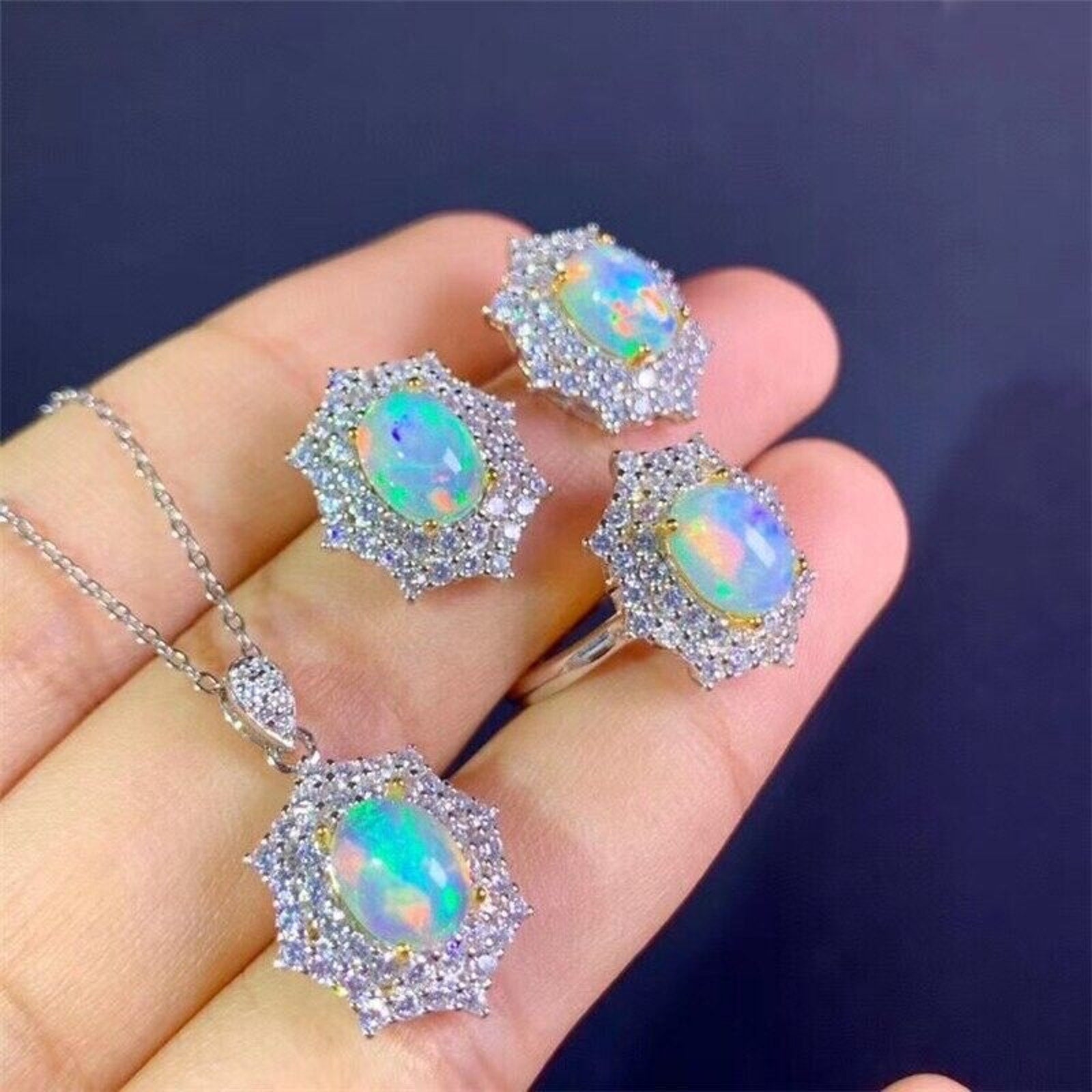 Australian Opal Jewelry Set, Opal Pendant, Opal Ring, and Opal Earring Set 6x8mm