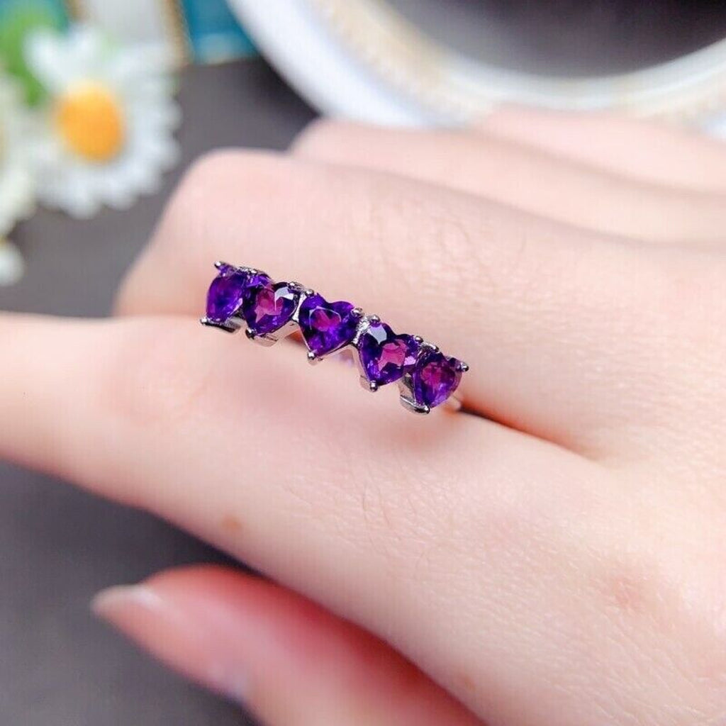 Heart Shaped Amethyst Band Ring, Natural Amethyst Heart Shaped Eternity Ring