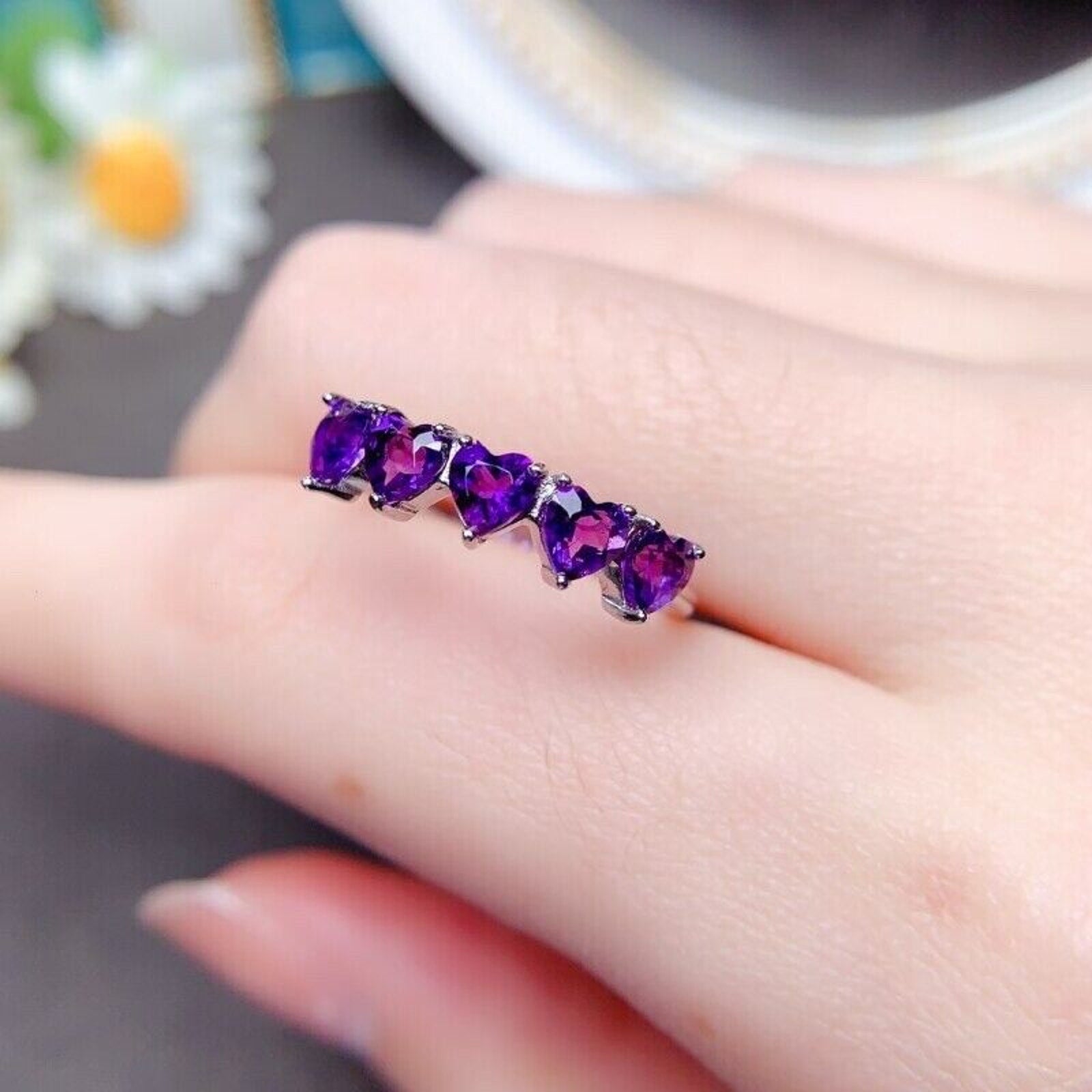 Heart Shaped Amethyst Band Ring, Natural Amethyst Heart Shaped Eternity Ring