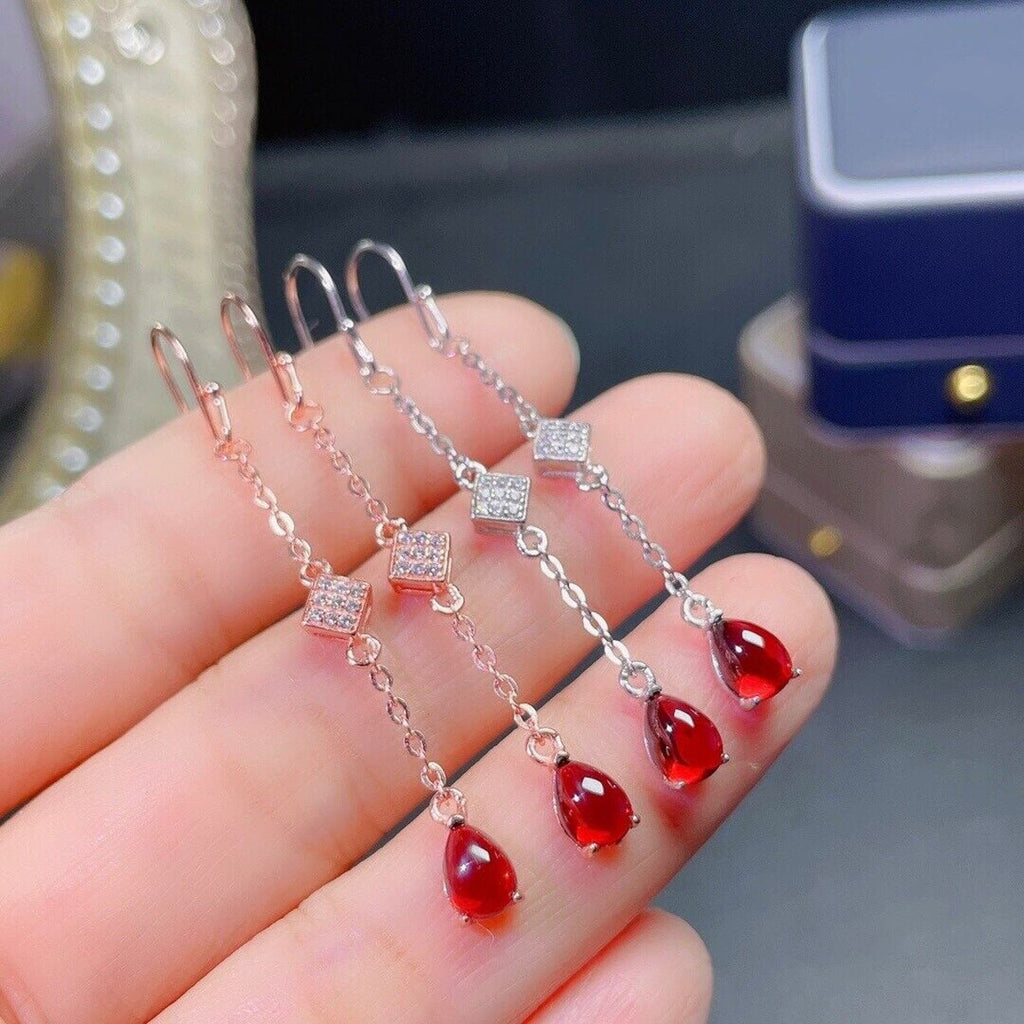 Natural Red Garnet Dangle Earrings, Rounded Teardrop Garnet Dangle Earrings