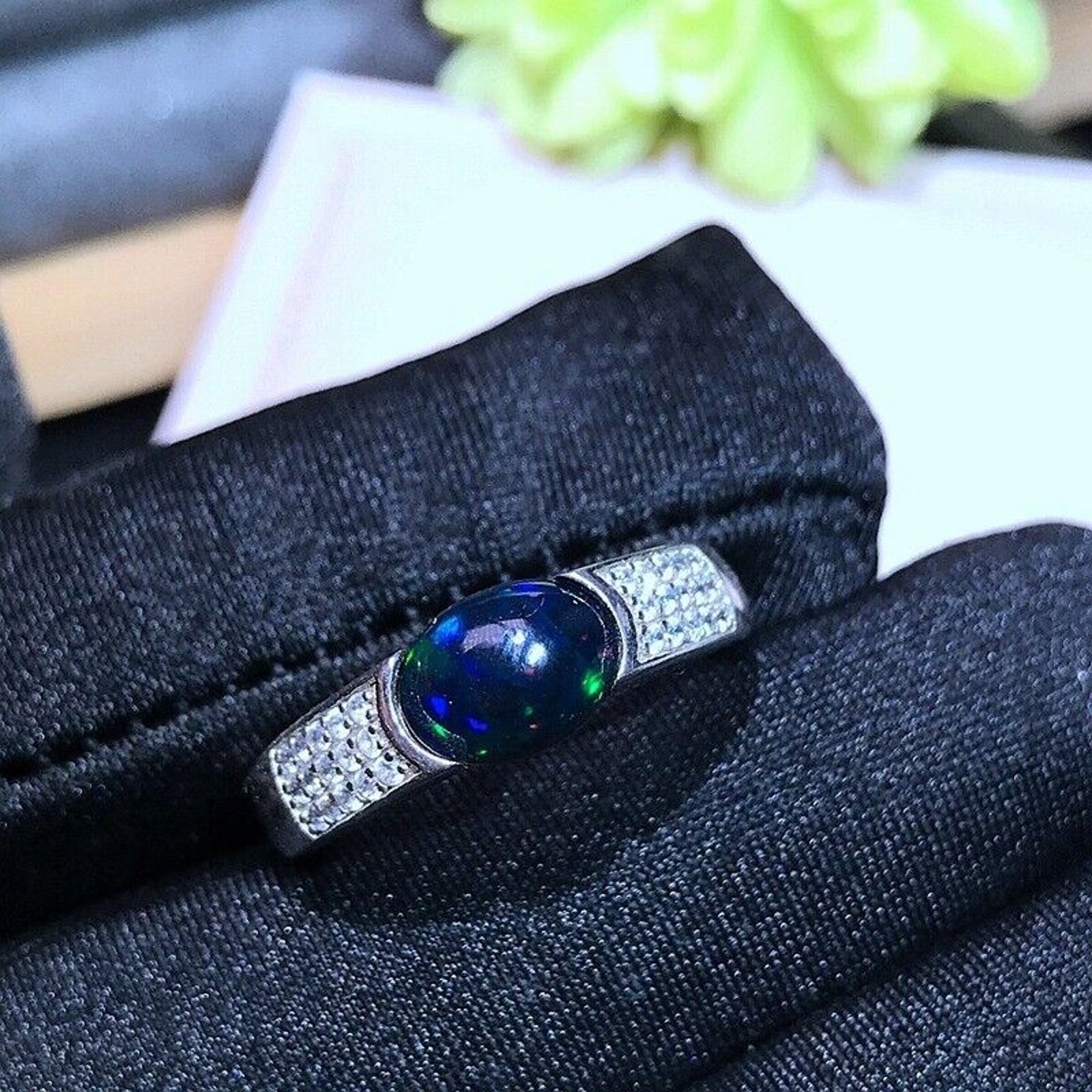 Men's Black Opal Ring Platinum Plated, Natural Black Opal Ring Men's Opal Ring's
