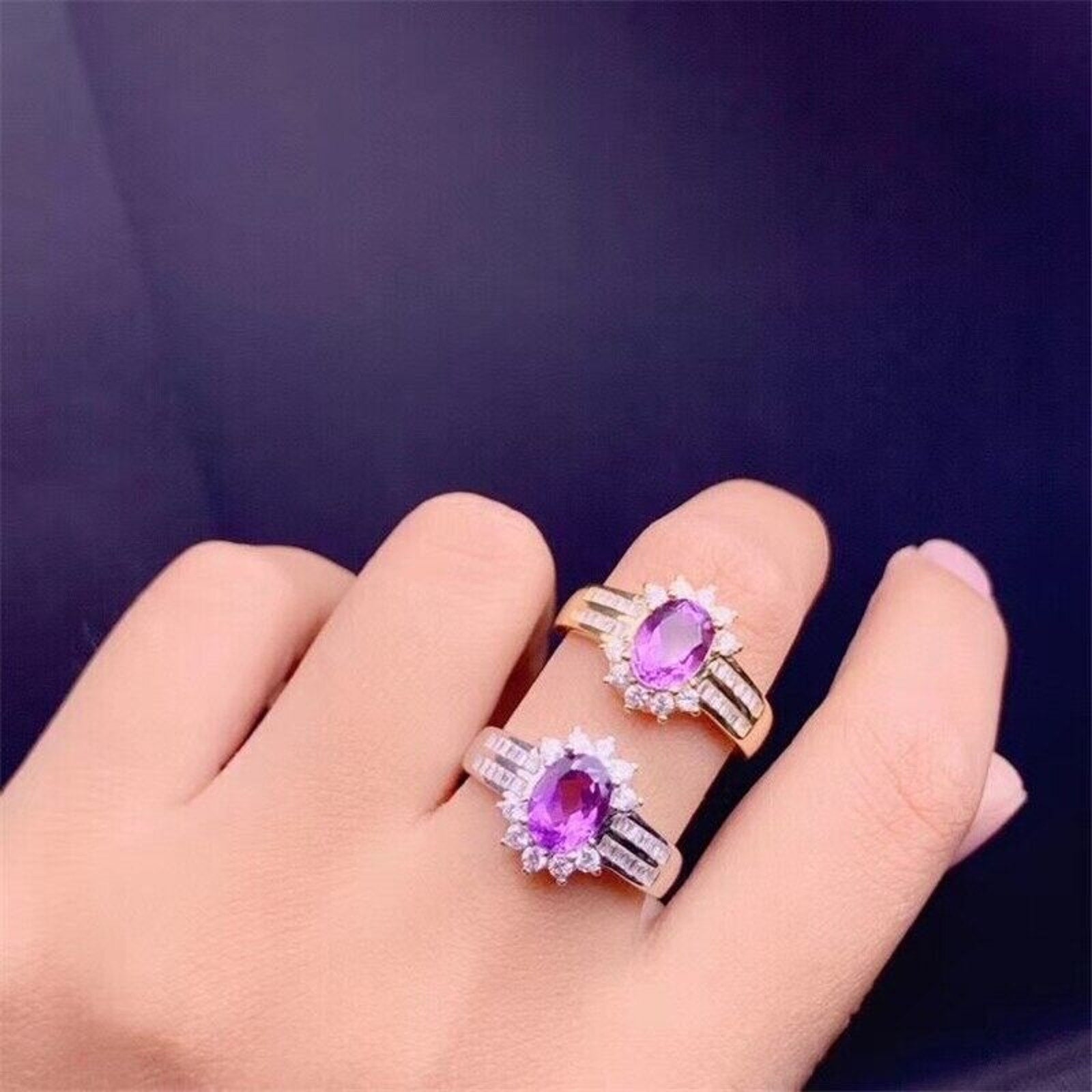 6x8mm Oval Cut Purple Amethyst Ring, Genuine Amethyst Sterling Silver Ring