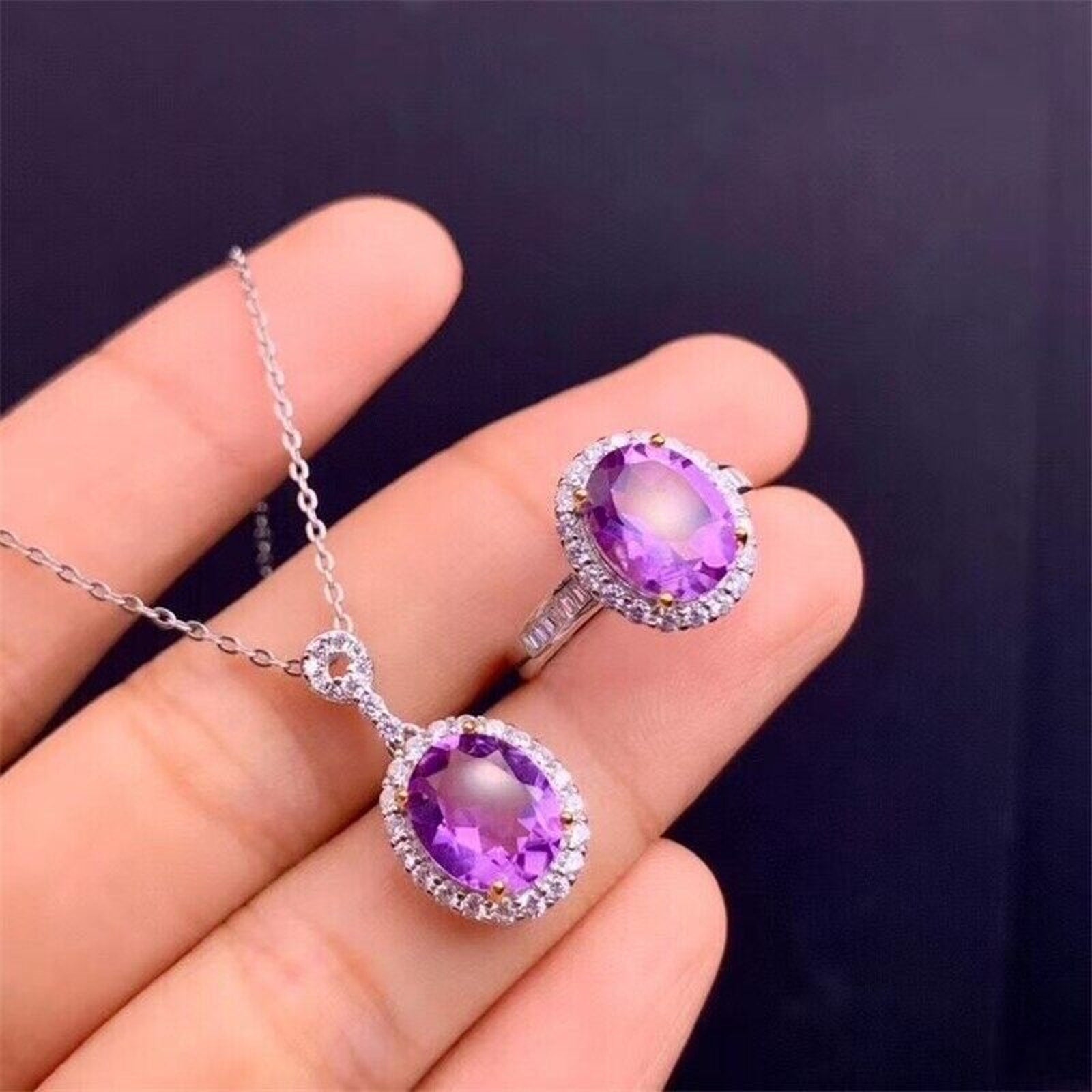 Natural Amethyst Pendant and Ring Jewelry Set, Oval Cut Ring and Pendant Set