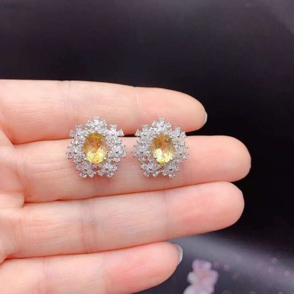 Natural Citrine Stud Earrings, Citrine Flower Cubic Zirconia Stud Earrings