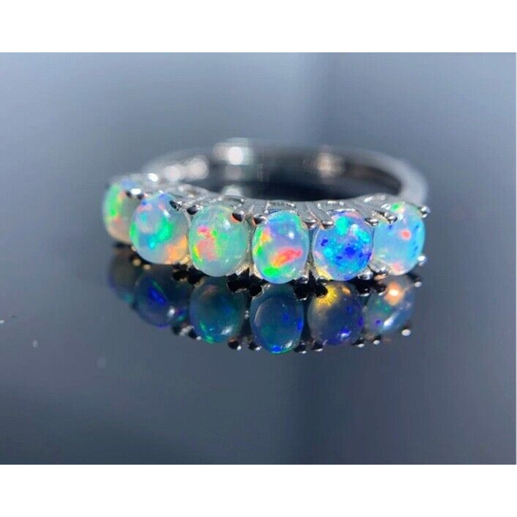 Australian Opal Band Ring, Women's White Opal Ring Sterling Silver, Opal Band