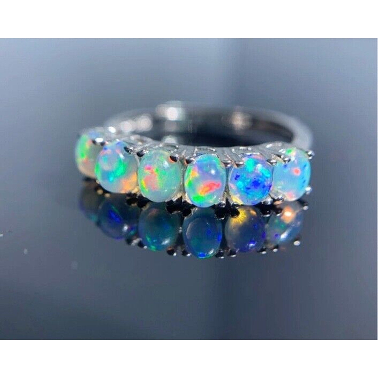 Australian Opal Band Ring, Women's White Opal Ring Sterling Silver, Opal Band