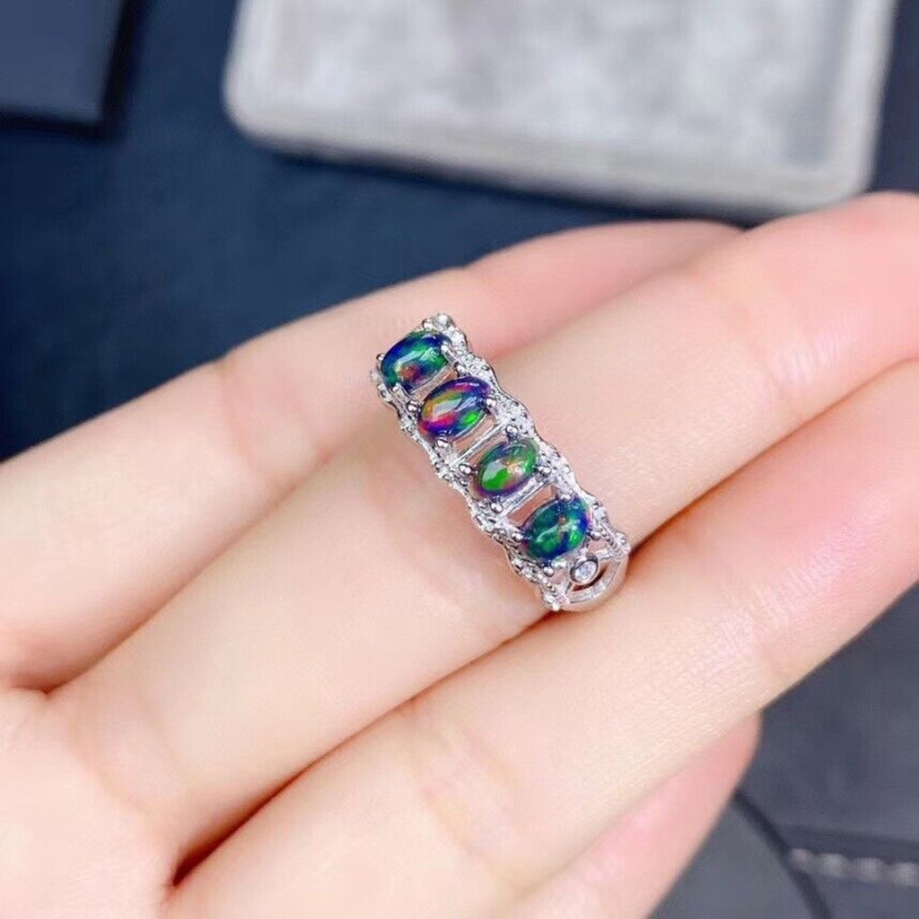 Natural Black Opal Band Ring, Black Opal Half Eternity Ring Platinum Plated