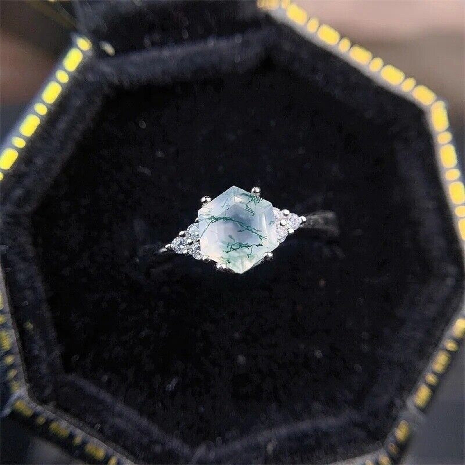 Natural Moss Agate Ring Hexagonal 6mm 925 Sterling Silver