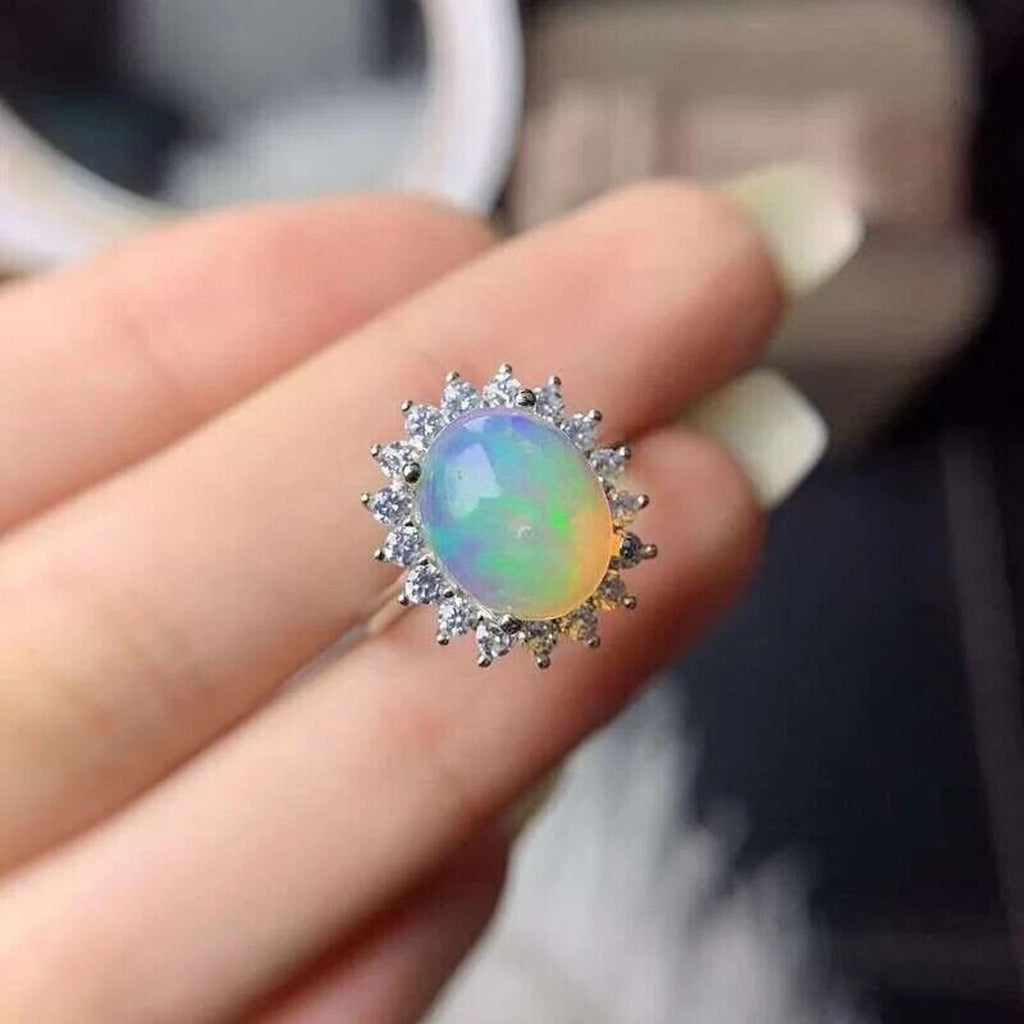 White Fire Opal, White Opal Ring, Gemstone Jewelry Ring, Womens Fire Opal 8x10mm