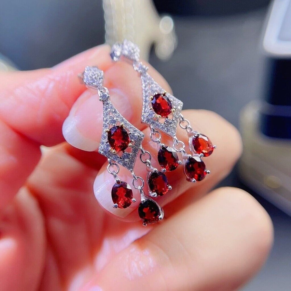 Natural Red Garnet Dangle Earrings 4x5mm Platinum Plated