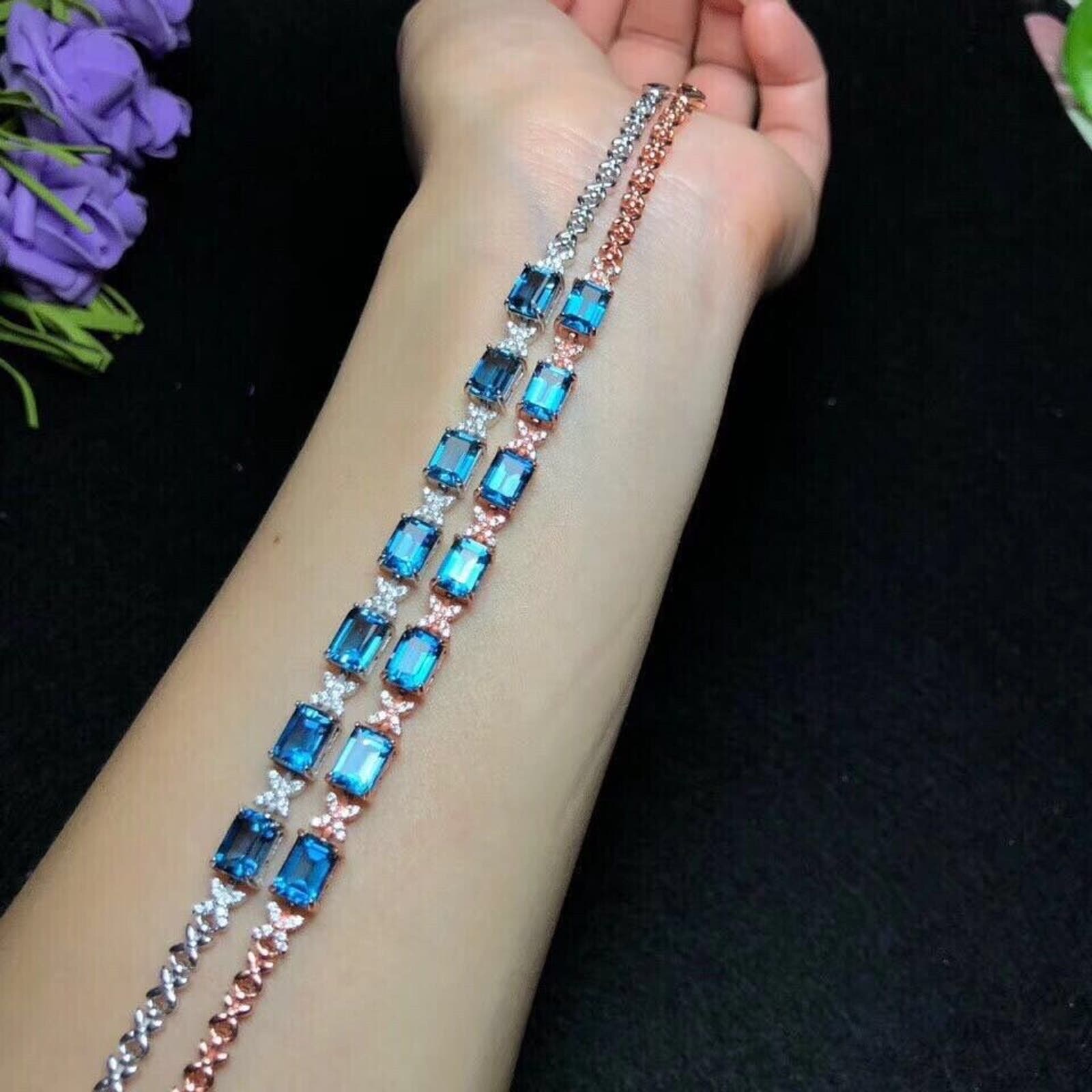 London Blue Topaz Emerald Cut Tennis Bracelet 5x7mm