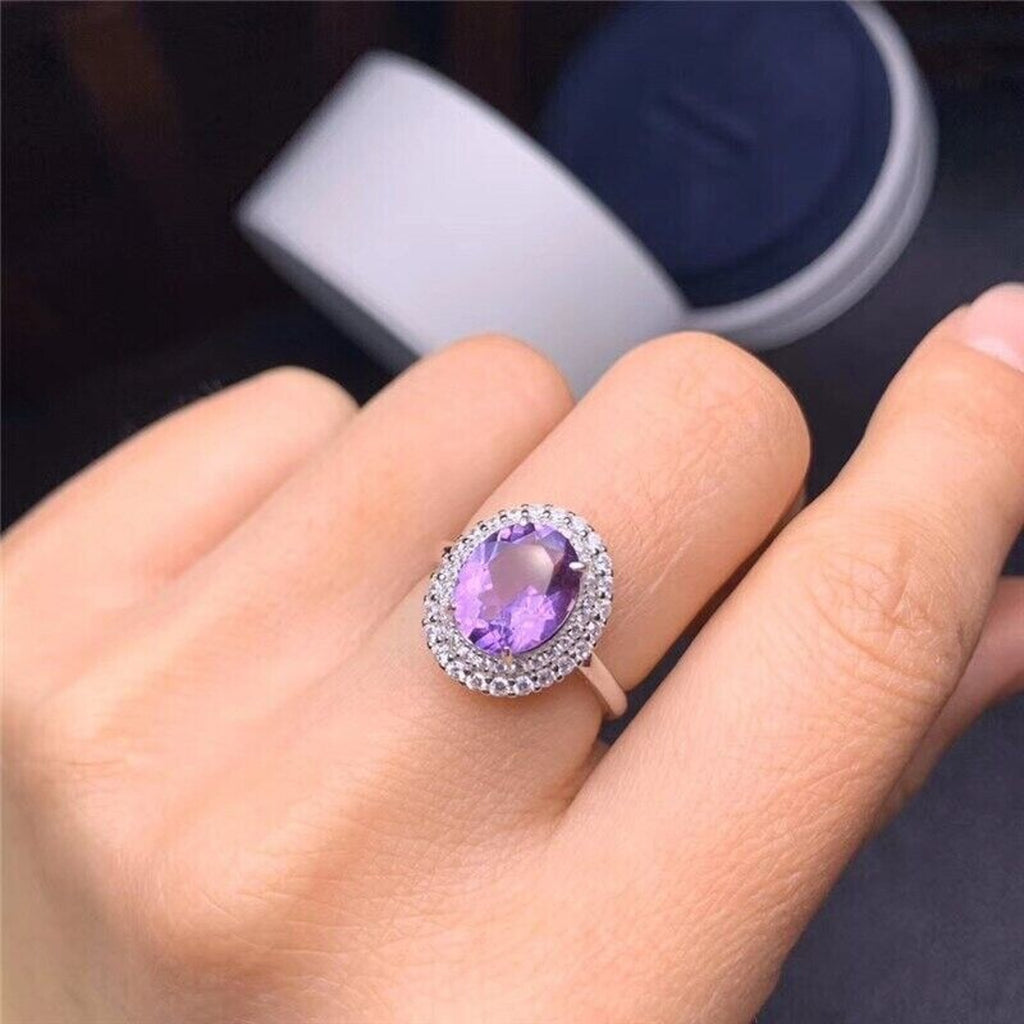 8x10mm Oval Cut Natural Amethyst Ring, Platinum Plated Sterling Silver Amethyst