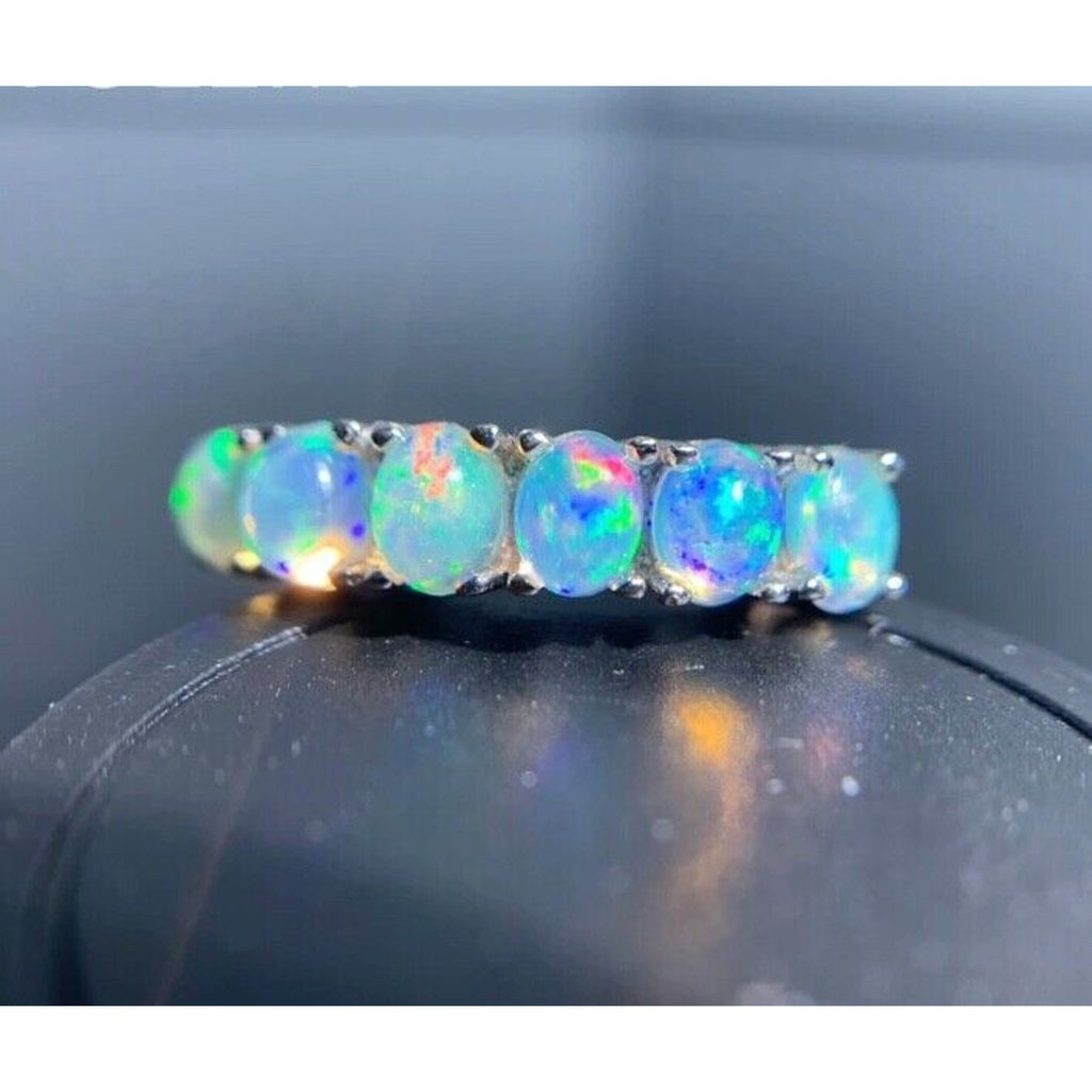 Australian Opal Band Ring, Women's White Opal Ring Sterling Silver, Opal Band