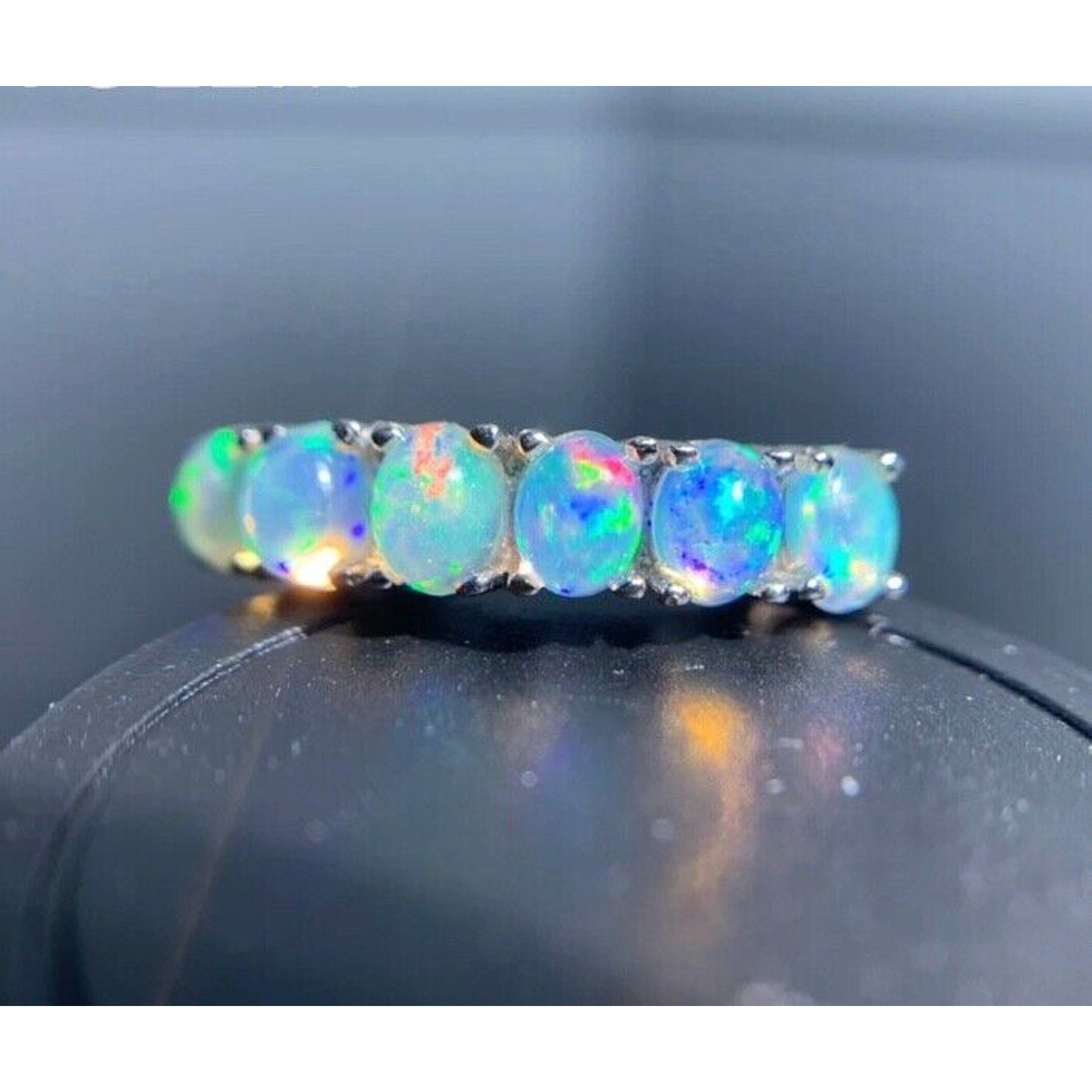 Australian Opal Band Ring, Women's White Opal Ring Sterling Silver, Opal Band