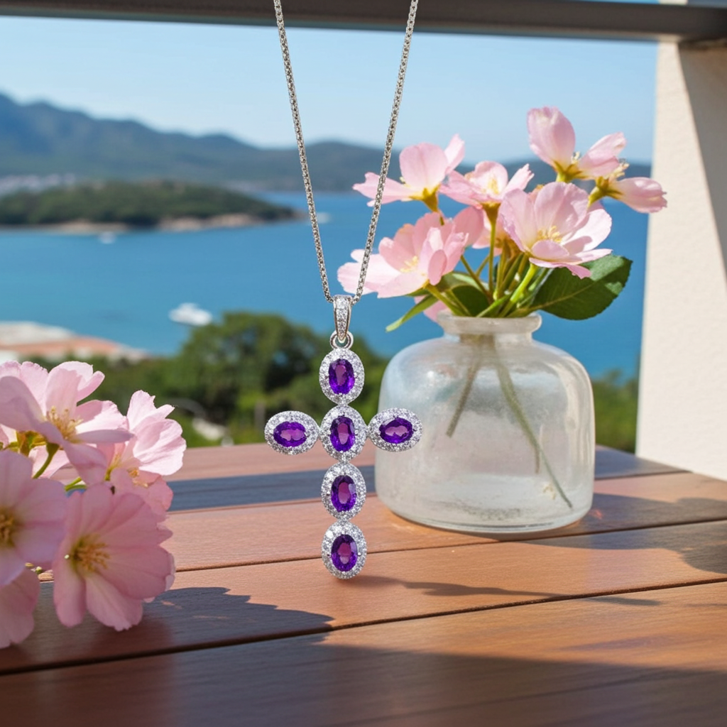 Purple Amethyst Cross Necklace 925 Sterling Silver