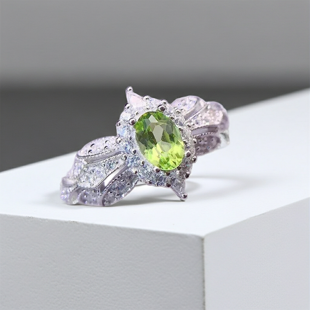 Natural Peridot Gemstone Ring 4x6mm, August Birthstone Peridot Ring Sterling