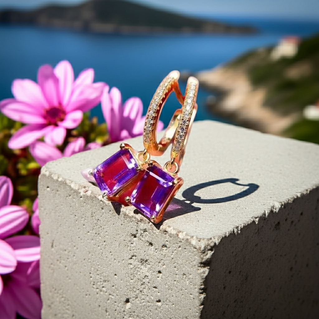 1CT Natural Emerald Cut Amethyst Gemstone Earrings