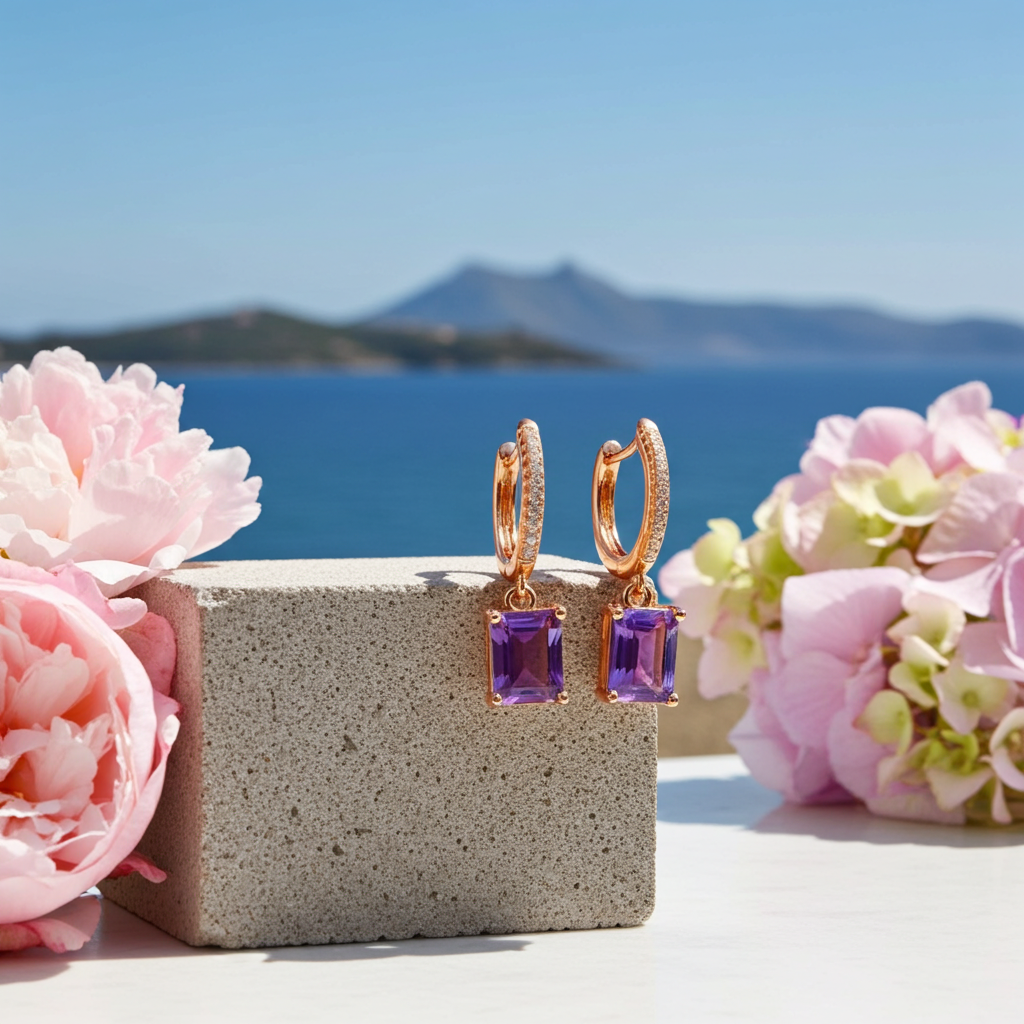 1CT Natural Emerald Cut Amethyst Gemstone Earrings