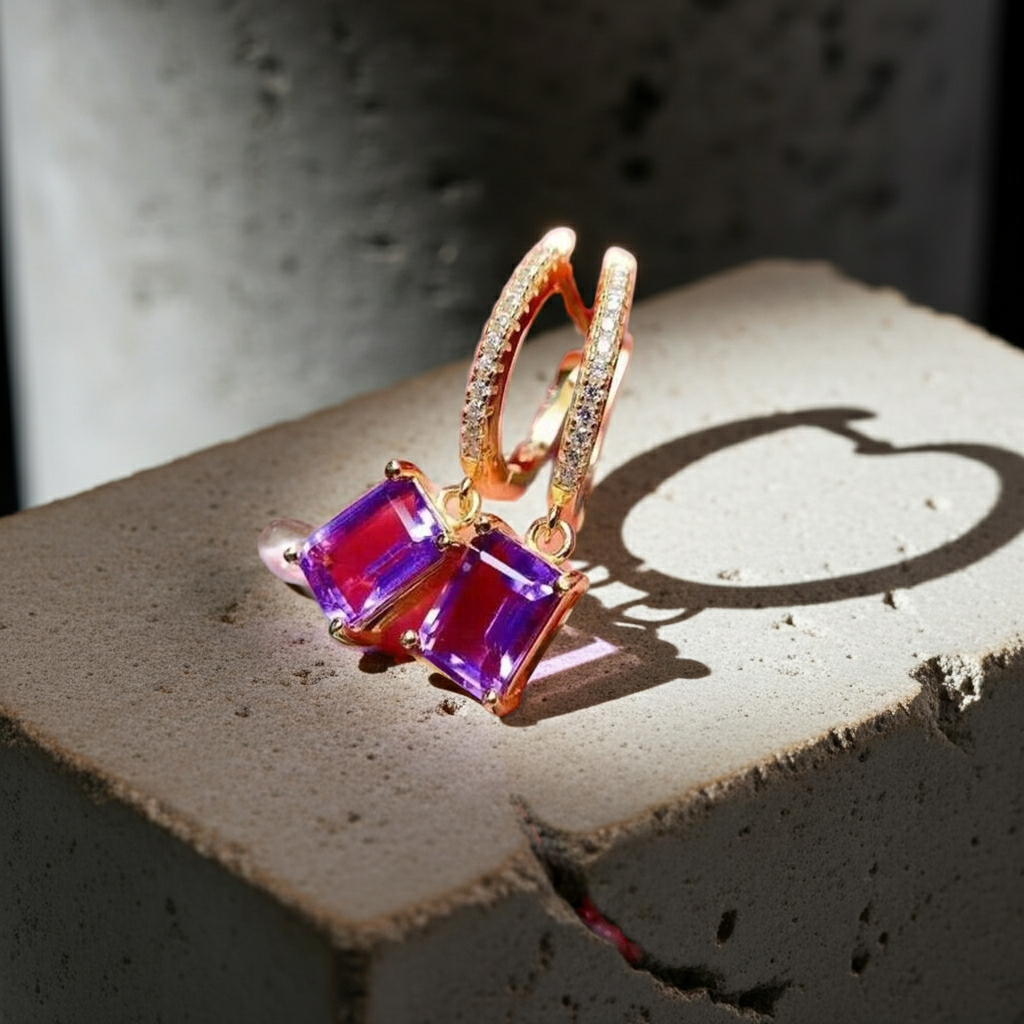 1CT Natural Emerald Cut Amethyst Gemstone Earrings