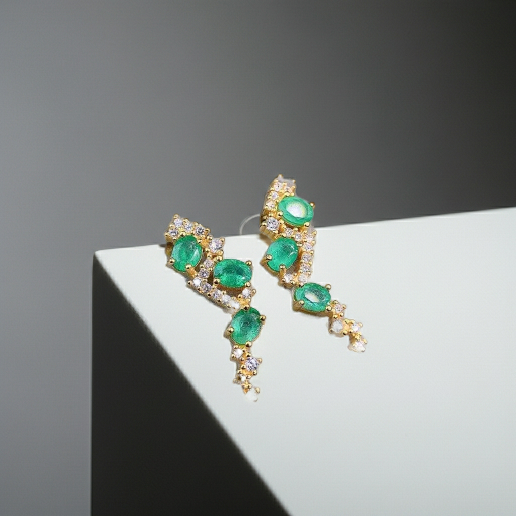 Natural Zambian Emerald Statement Earrings 3x4mm 14k Gold Plated