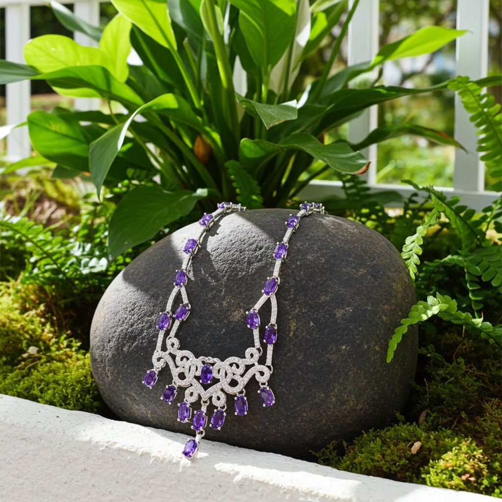 Purple Amethyst Statement Necklace, Natural Amethyst Gemstone Necklace 925
