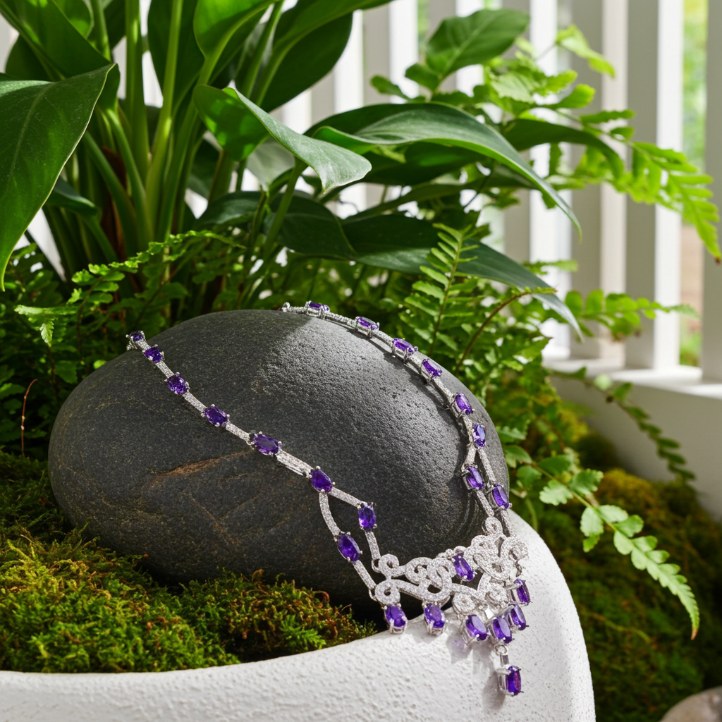 Purple Amethyst Statement Necklace, Natural Amethyst Gemstone Necklace 925