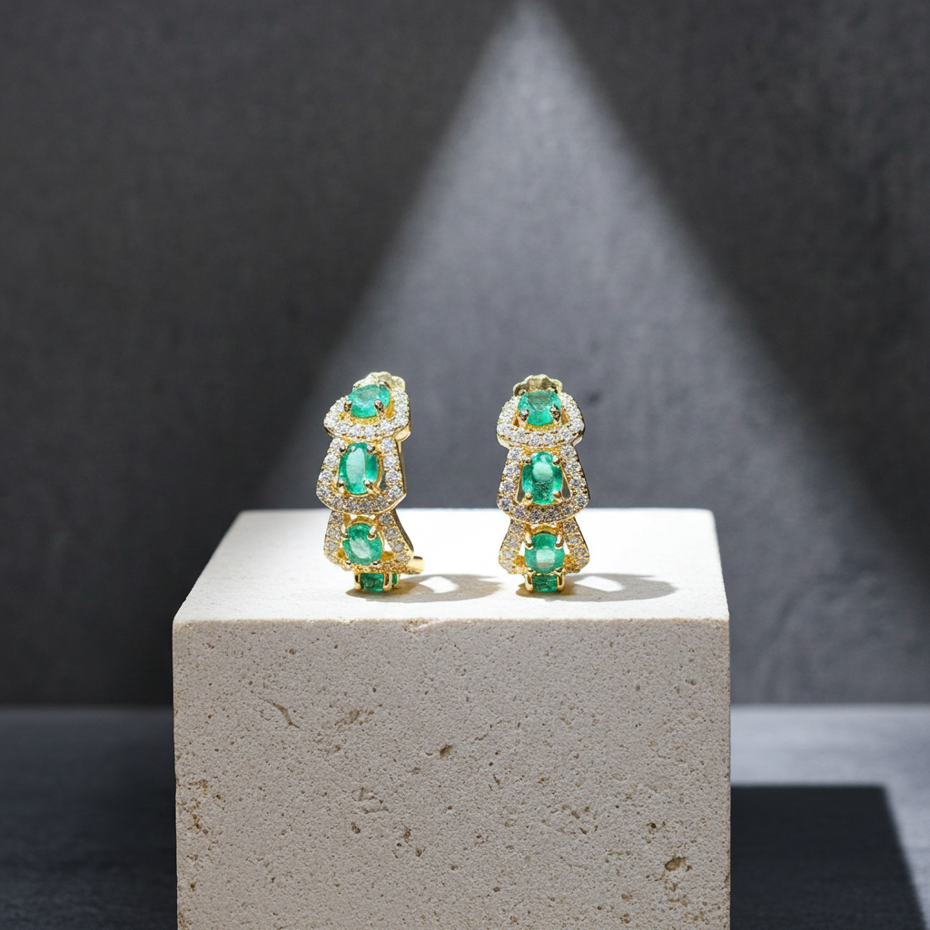 Natural Emerald Hoop Earrings 14k Gold Plated, Emerald Jewelry
