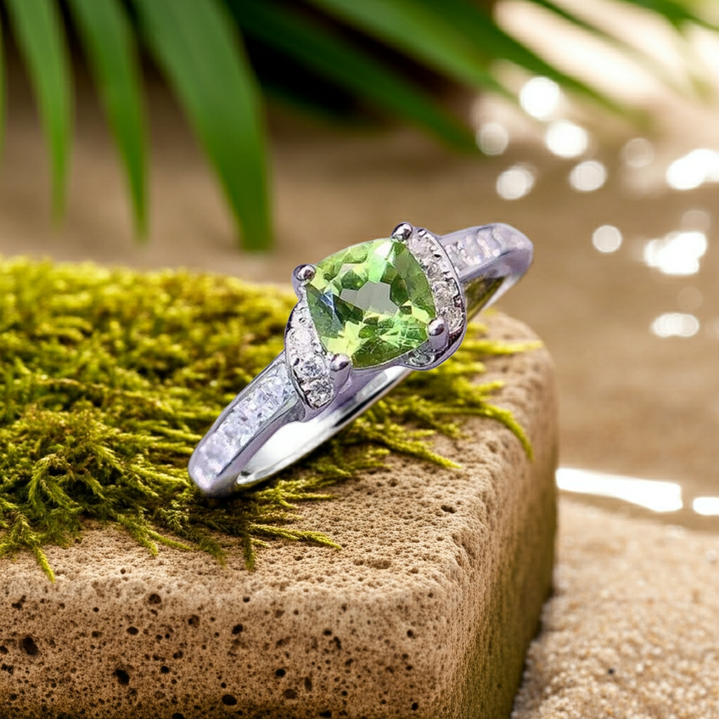 Natural Cushion Cut Peridot August Birthstone Ring with Cubic Zirconia Side Stones in 925 Sterling Silver