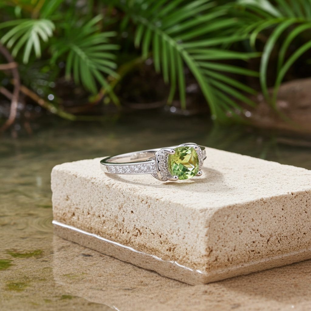 Natural Cushion Cut Peridot August Birthstone Ring with Cubic Zirconia Side Stones in 925 Sterling Silver