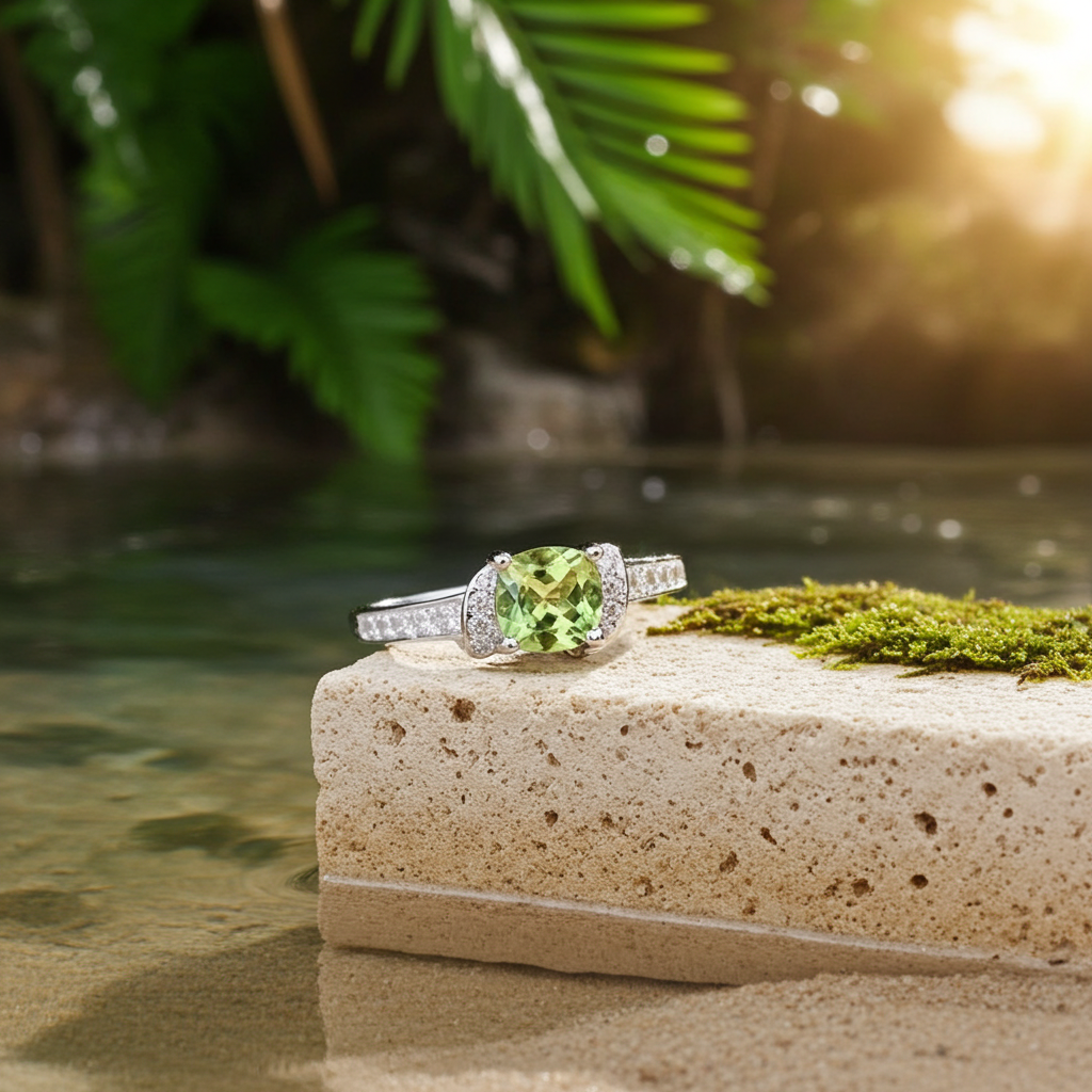 Natural Cushion Cut Peridot August Birthstone Ring with Cubic Zirconia Side Stones in 925 Sterling Silver