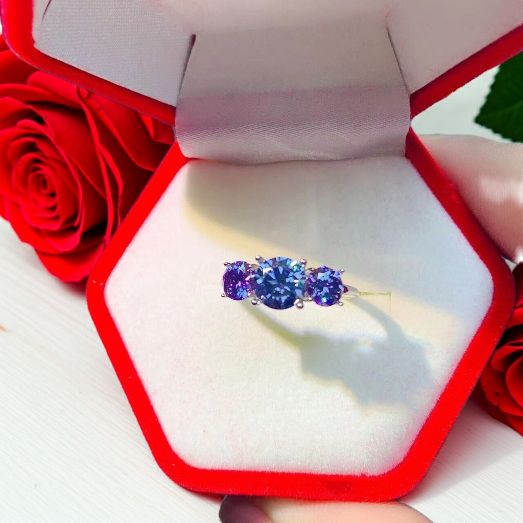 VVS1 Blue Moissanite 3 Stone Ring 925 Sterling Silver