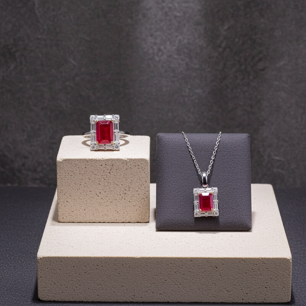 Natural Ruby Jewelry Set, Women's Ruby Pendant and Ring, Ruby Ring and Pendant
