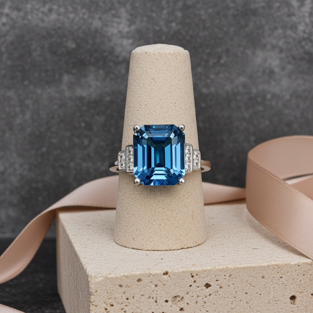 3 Carat Emerald Cut London Blue Topaz Ring 925 Sterling Silver