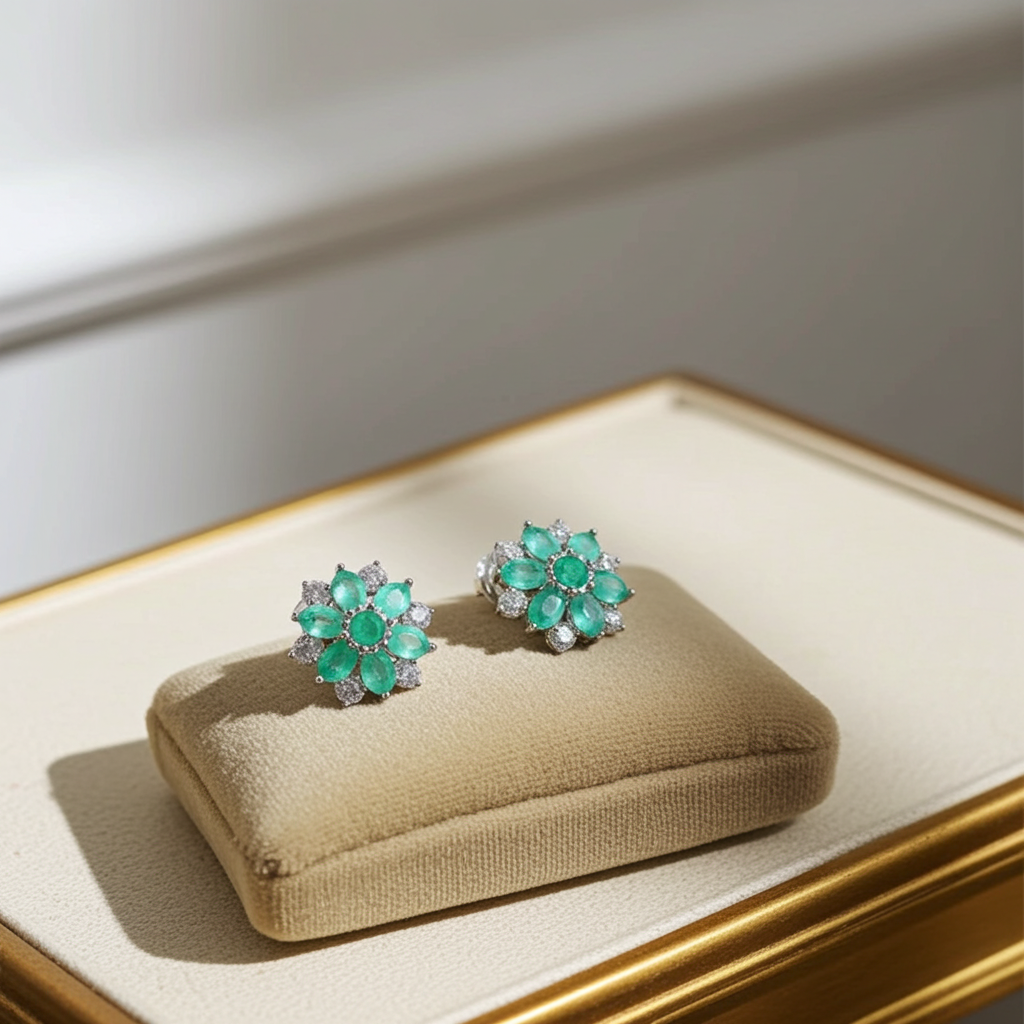 Natural Emerald Flower Cluster Earrings 925 Sterling Silver