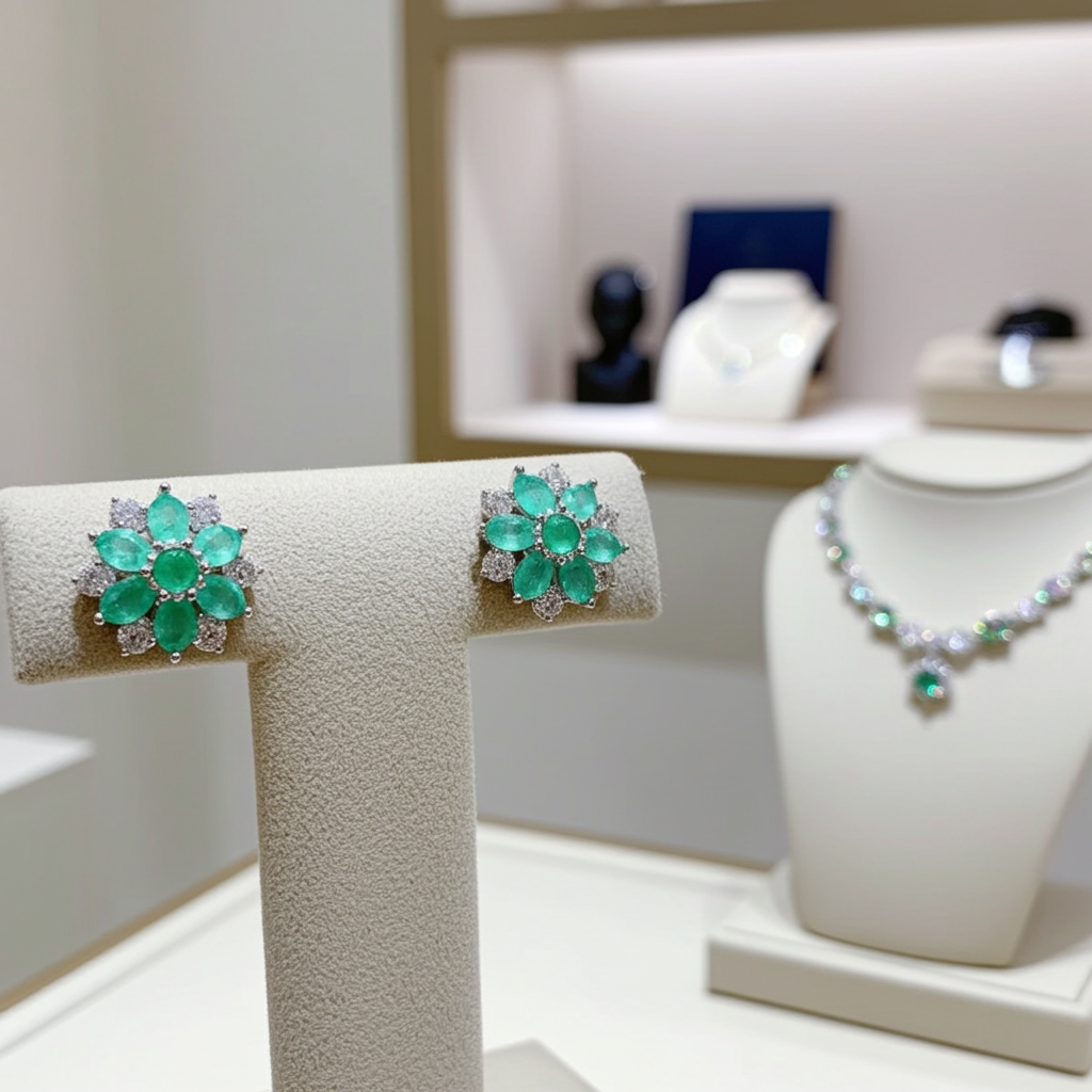 Natural Emerald Flower Cluster Earrings 925 Sterling Silver