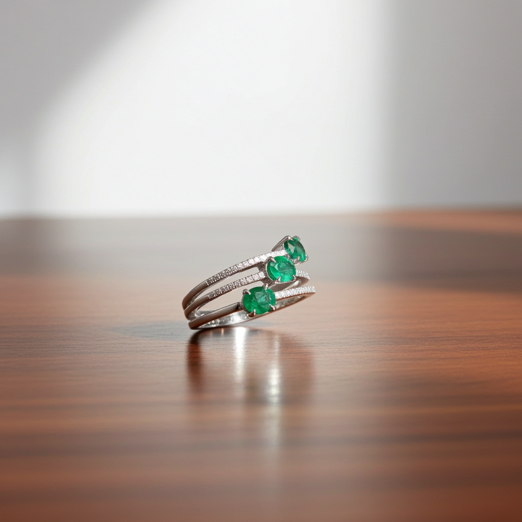 3 Layer Emerald Gemstone Band Ring 3x4mm Sterling Silver