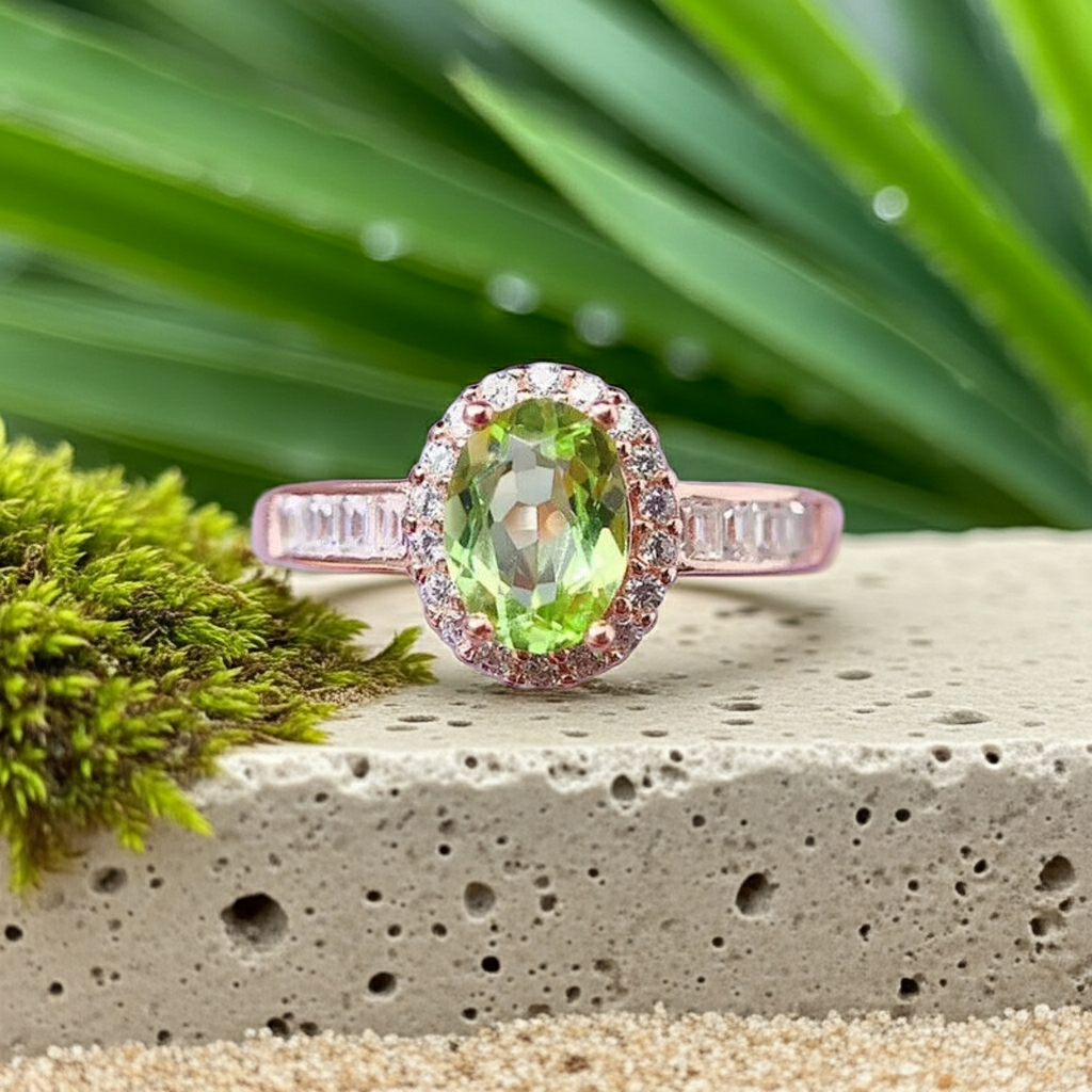 Natural Peridot Gemstone Ring 5x7mm, August Birthstone Peridot Ring