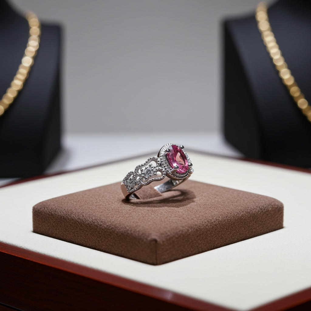 Dainty Pink Tourmaline Gemstone Ring 4x6mm Platinum Plated