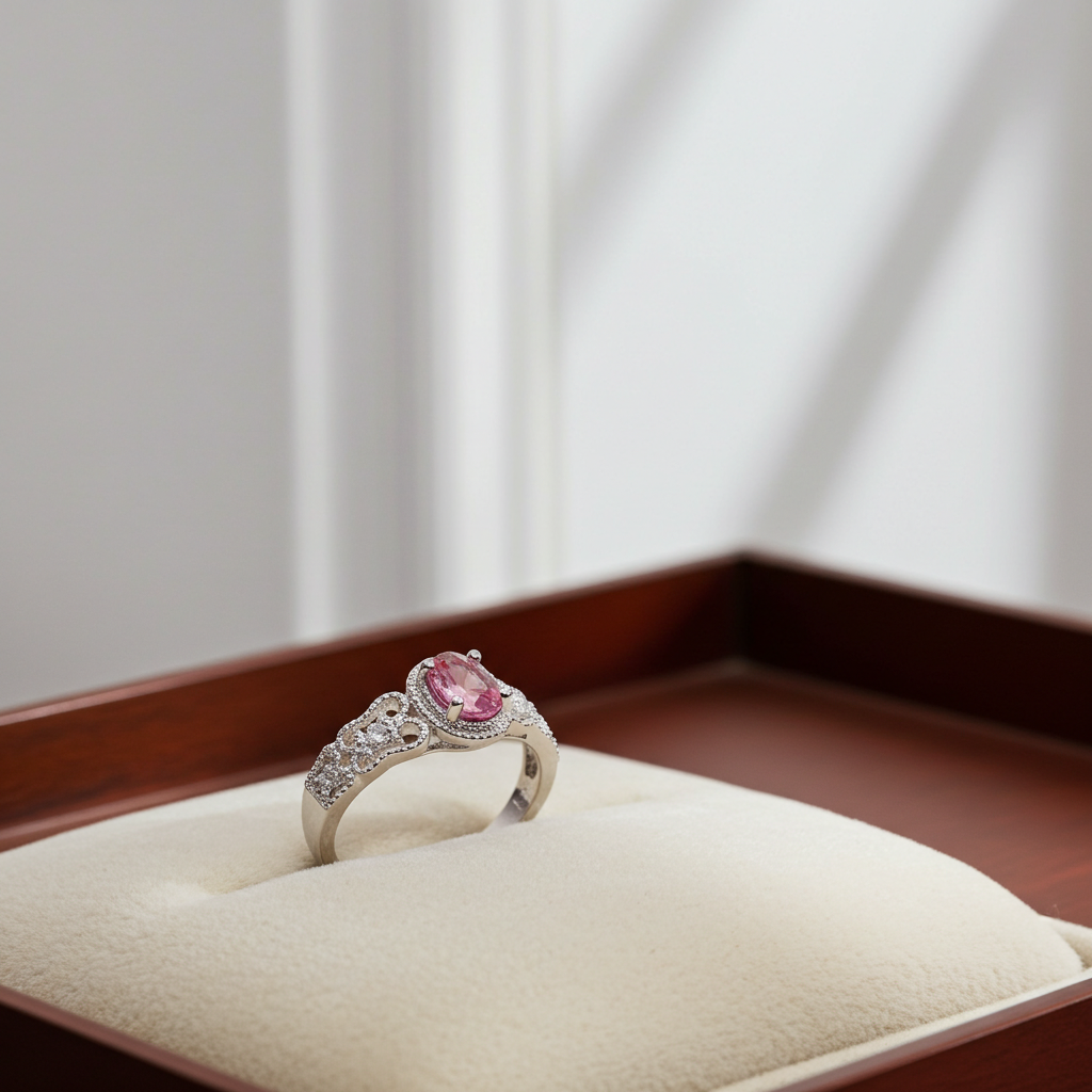 Dainty Pink Tourmaline Gemstone Ring 4x6mm Platinum Plated