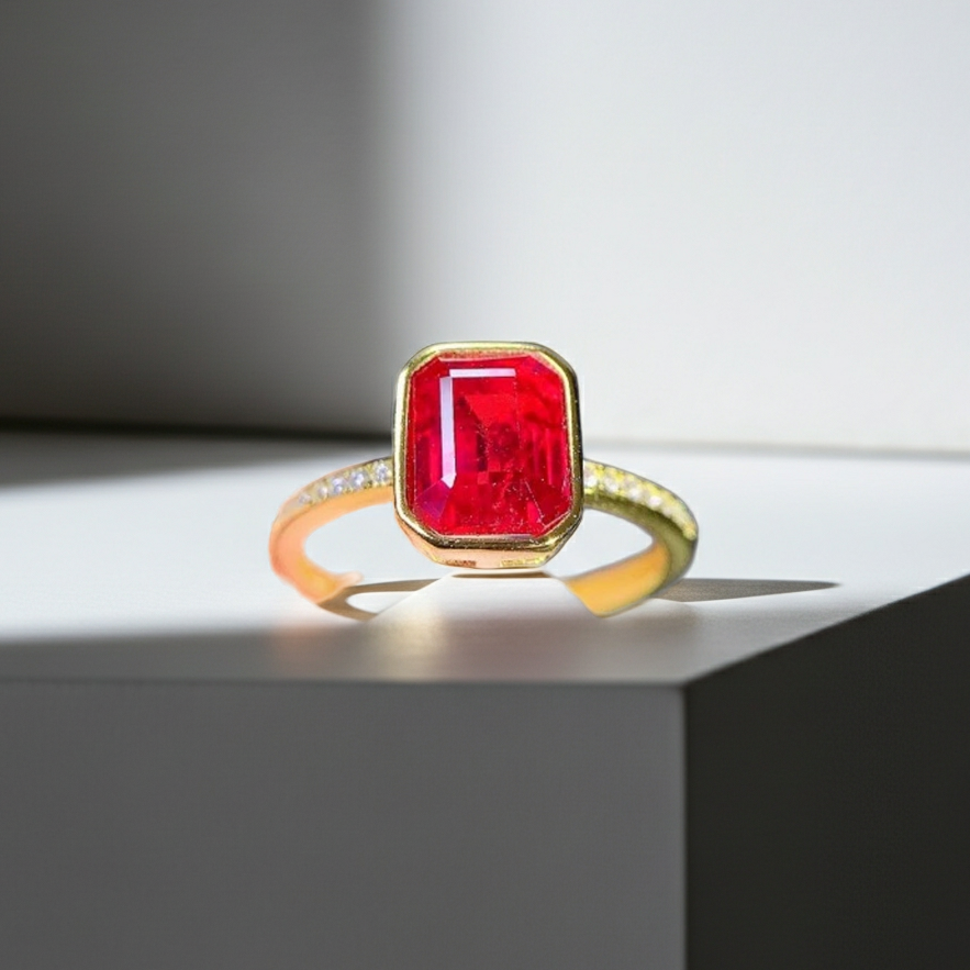Emerald Cut Ruby Ring in Bezel Setting 6x8mm