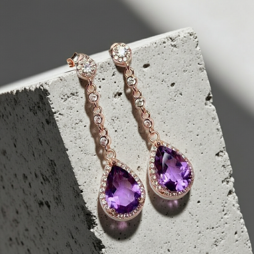 4CT Pear Cut Amethyst Drop Dangle Earrings