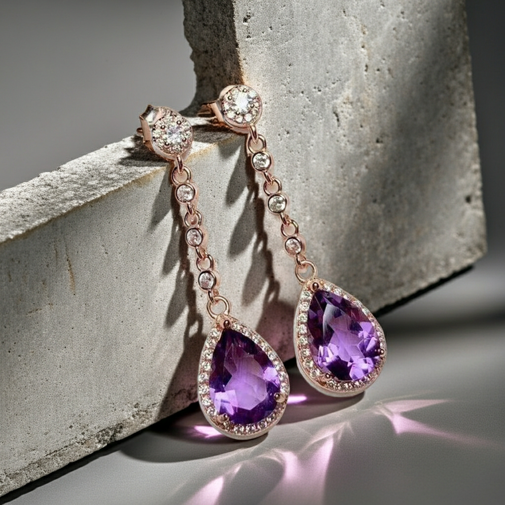 4CT Pear Cut Amethyst Drop Dangle Earrings