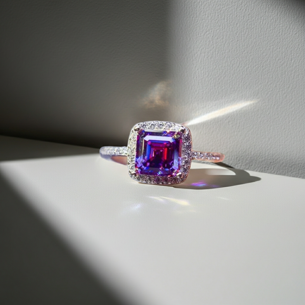 VVS1 1 CT Purple Asscher Cut Moissanite Ring 6mm